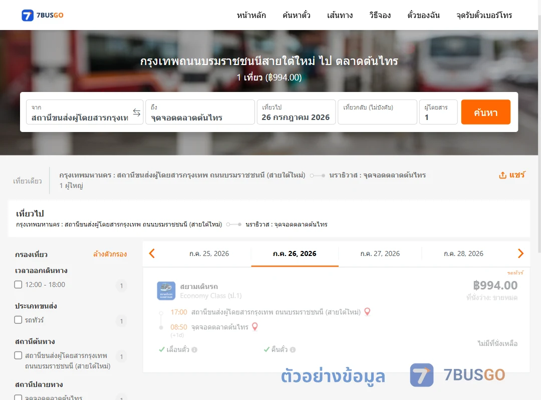 ตัวอย่างผลค้นหา สายใต้ใหม่-ตลาดต้นไทร