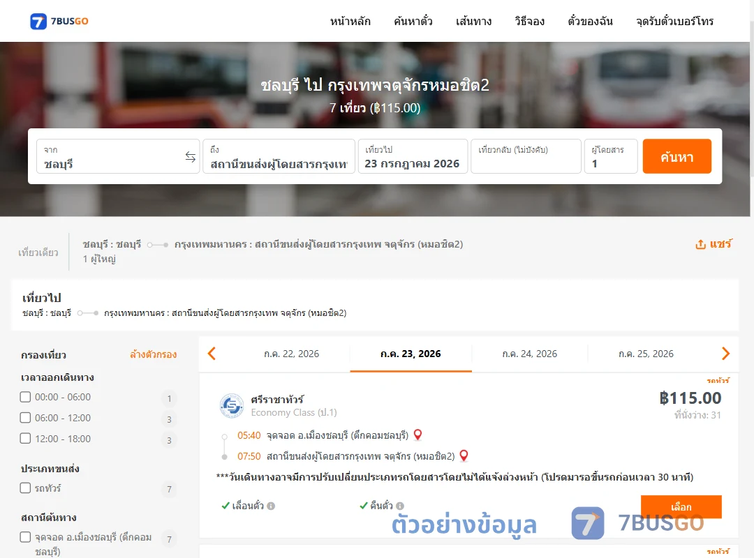 ตัวอย่างผลค้นหา ชลบุรี-หมอชิต2