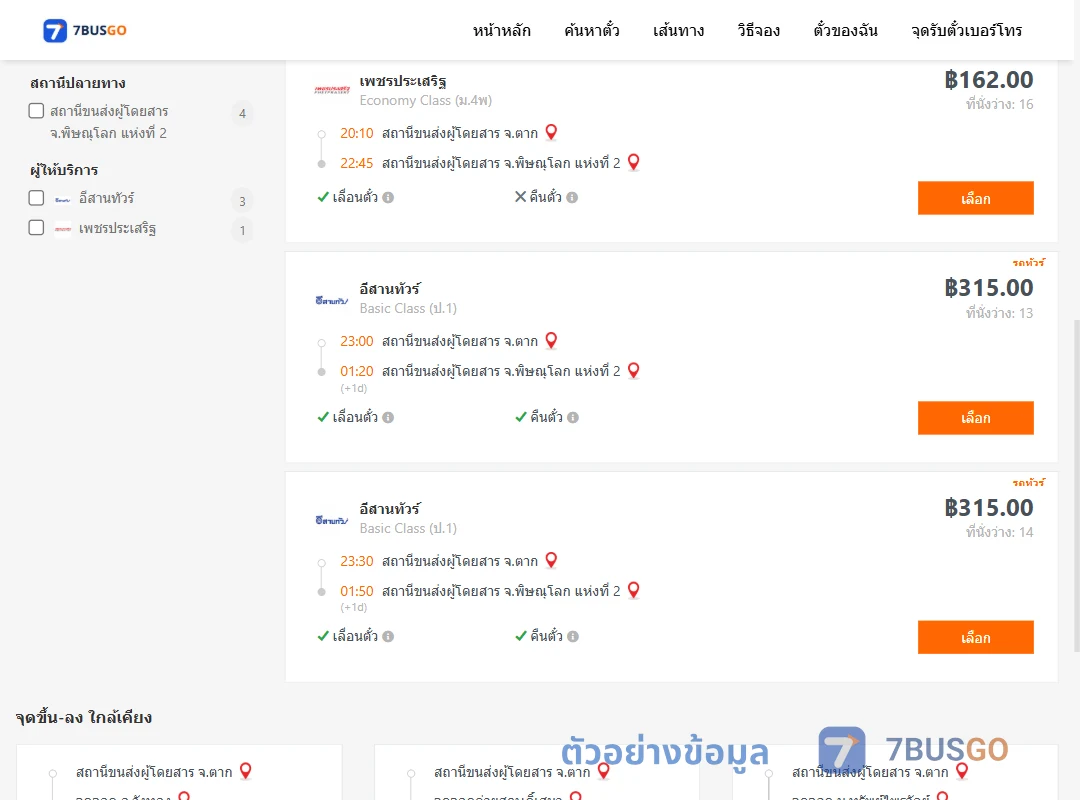 ตัวอย่างผลค้นหา ตาก-พิษณุโลก