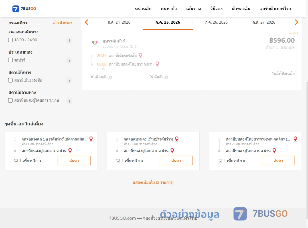ตัวอย่างผลค้นหา รังสิต-น่าน