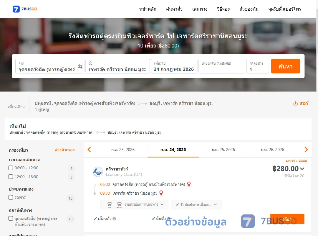 ตัวอย่างผลค้นหา รังสิต-เจพาร์คศรีราชานิฮอนมูระ