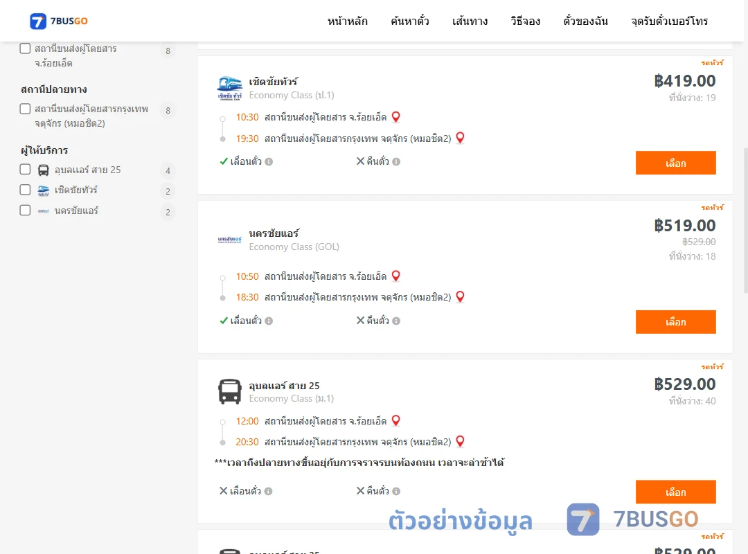 ตัวอย่างผลค้นหา ร้อยเอ็ด-หมอชิต
