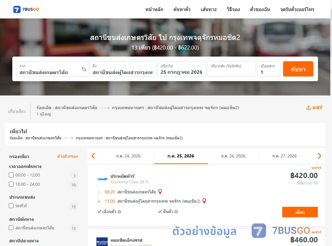 ตัวอย่างผลค้นหา สถานีขนส่งเกษตรวิสัย-หมอชิต2