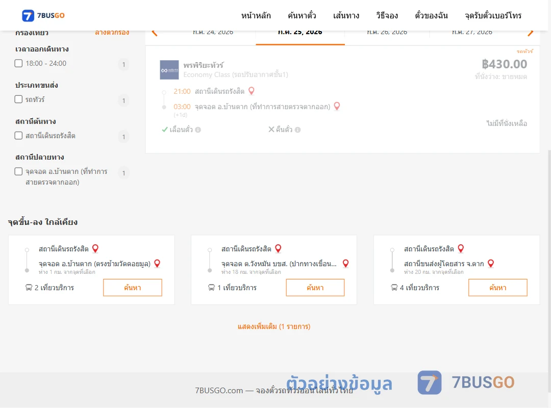 ตัวอย่างผลค้นหา สถานีเดินรถรังสิต-ป้อมบ้านตากที่ทำการสายตรวจตากออก