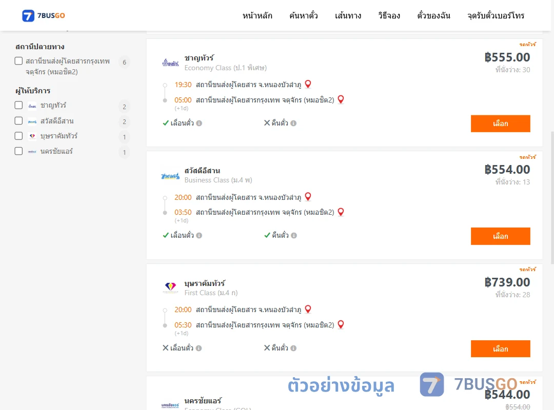 ตัวอย่างผลค้นหา หนองบัวลำภู-กรุงเทพฯ