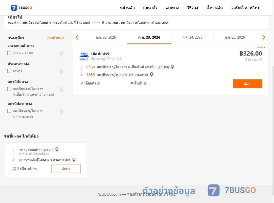 ตัวอย่างผลค้นหา เชียงใหม่-กำแพงเพชร