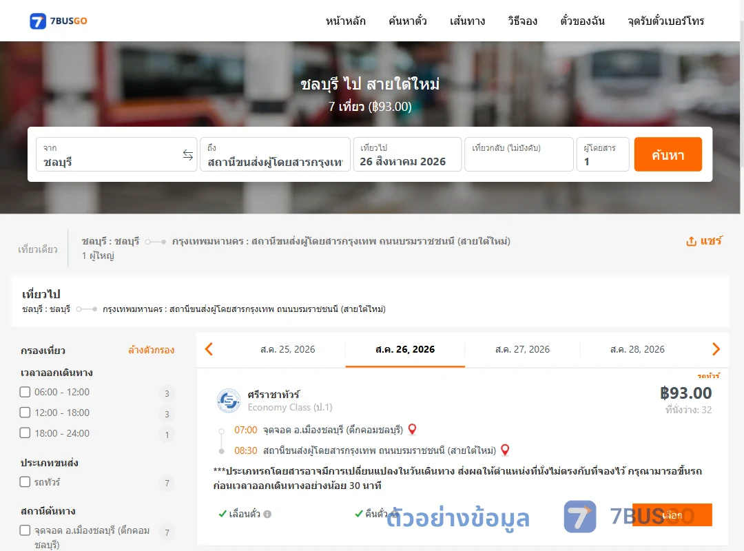 ตัวอย่างผลค้นหา ชลบุรี-สายใต้ใหม่