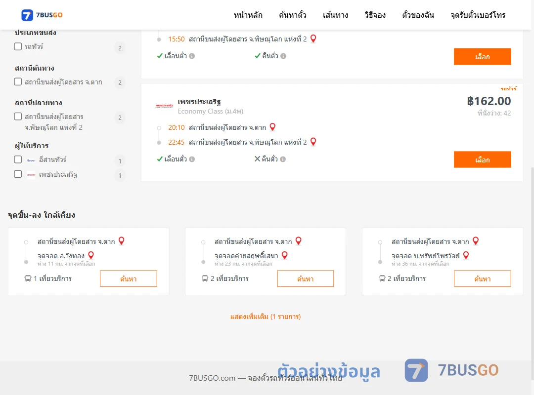 ตัวอย่างผลค้นหา ตาก-พิษณุโลก