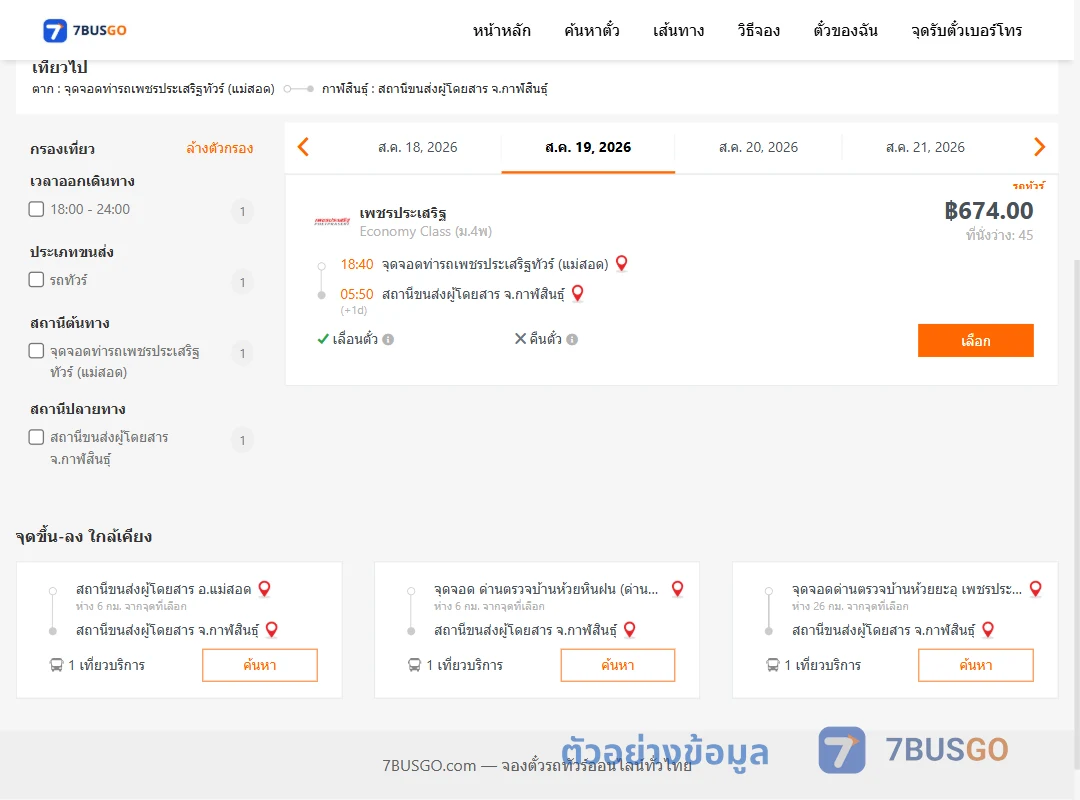 ตัวอย่างผลค้นหา ท่ารถเพชรประเสริฐทัวร์แม่สอด-กาฬสินธุ์