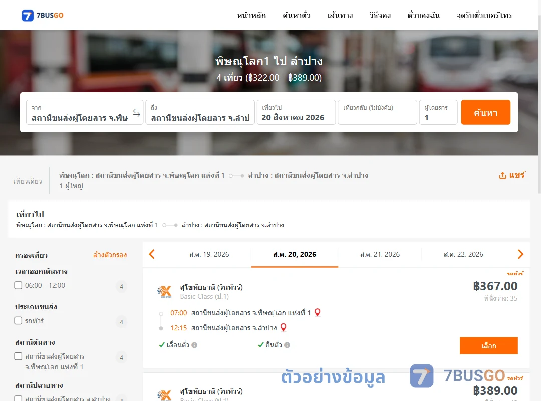 ตัวอย่างผลค้นหา พิษณุโลก1-ลำปาง