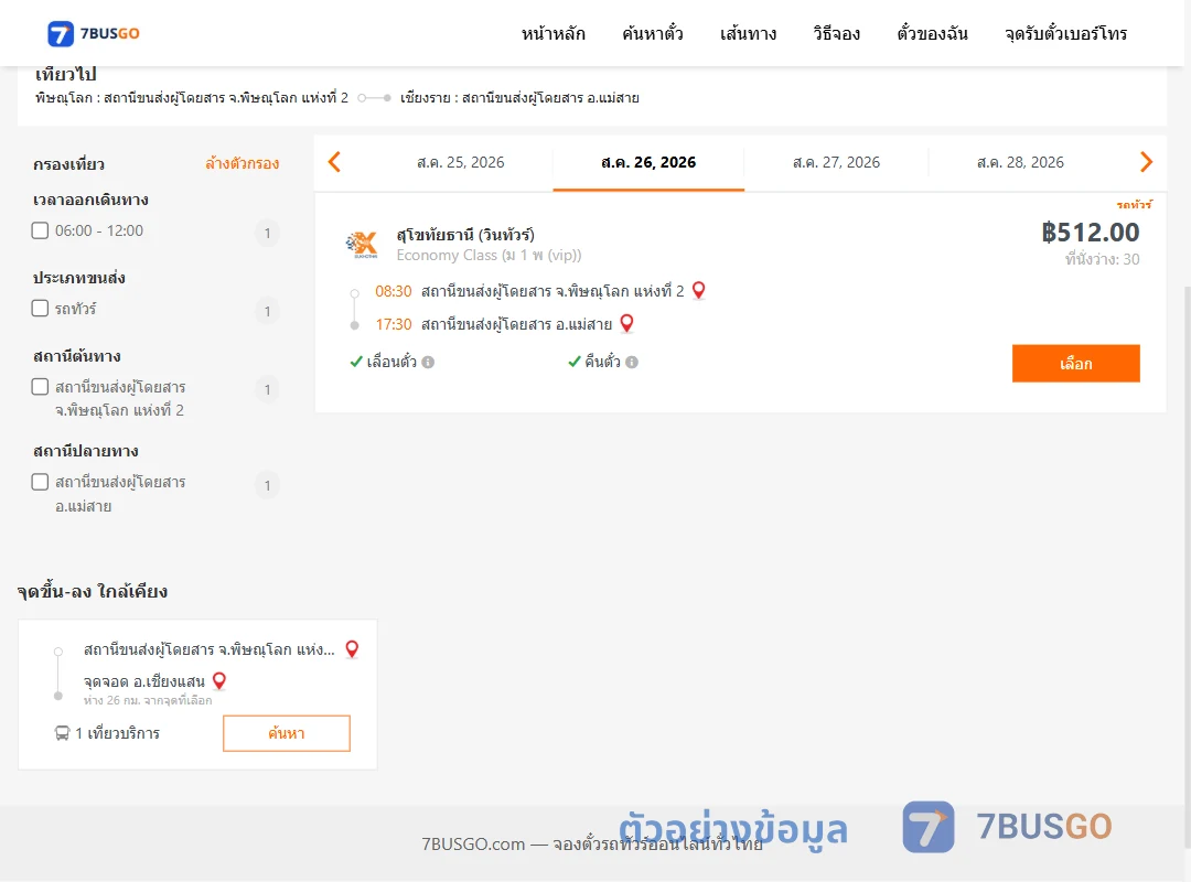 ตัวอย่างผลค้นหา พิษณุโลก2-แม่สาย