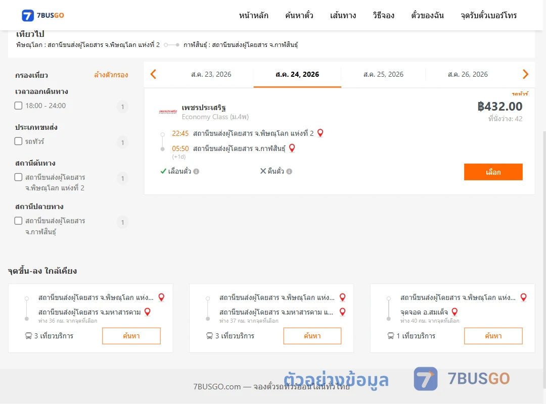 ตัวอย่างผลค้นหา พิษณุโลก-กาฬสินธุ์