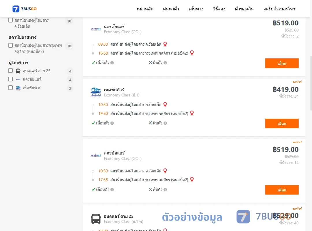 ตัวอย่างผลค้นหา ร้อยเอ็ด-หมอชิต