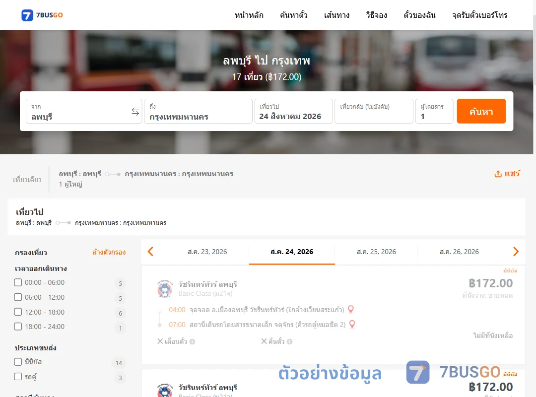 ตัวอย่างผลค้นหา ลพบุรี-กรุงเทพ