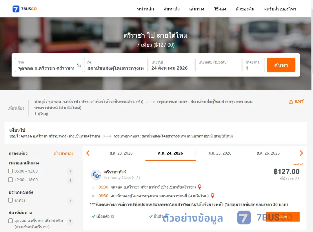 ตัวอย่างผลค้นหา ศรีราชา-สายใต้ใหม่