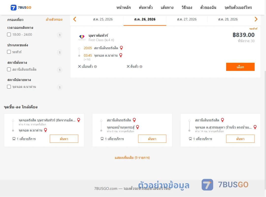 ตัวอย่างผลค้นหา สถานีเดินรถรังสิต-ตำบลนาด่าน