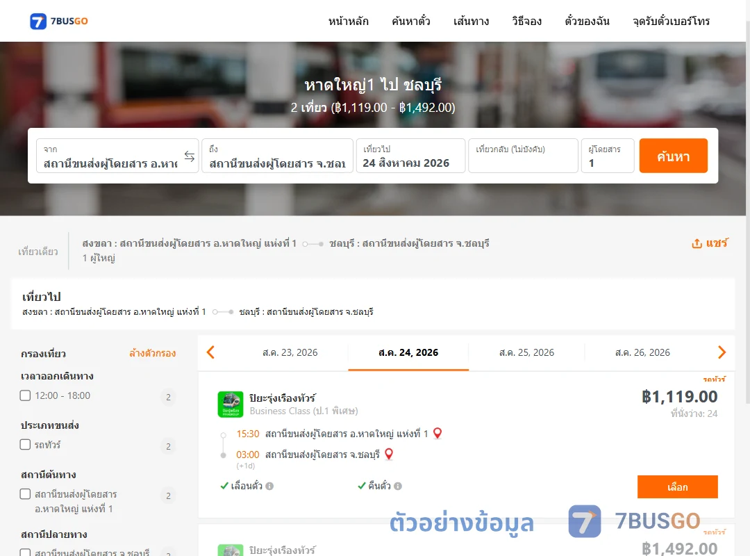 ตัวอย่างผลค้นหา หาดใหญ่1-ชลบุรี
