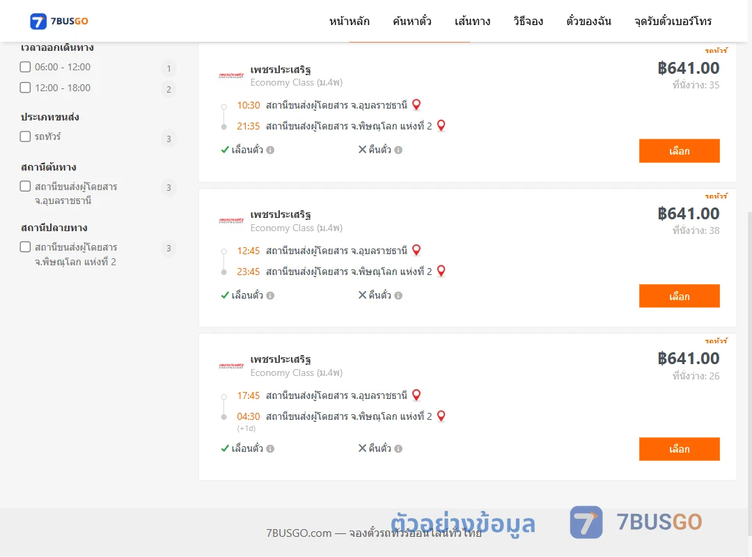 ตัวอย่างผลค้นหา อุบลราชธานี-พิษณุโลก