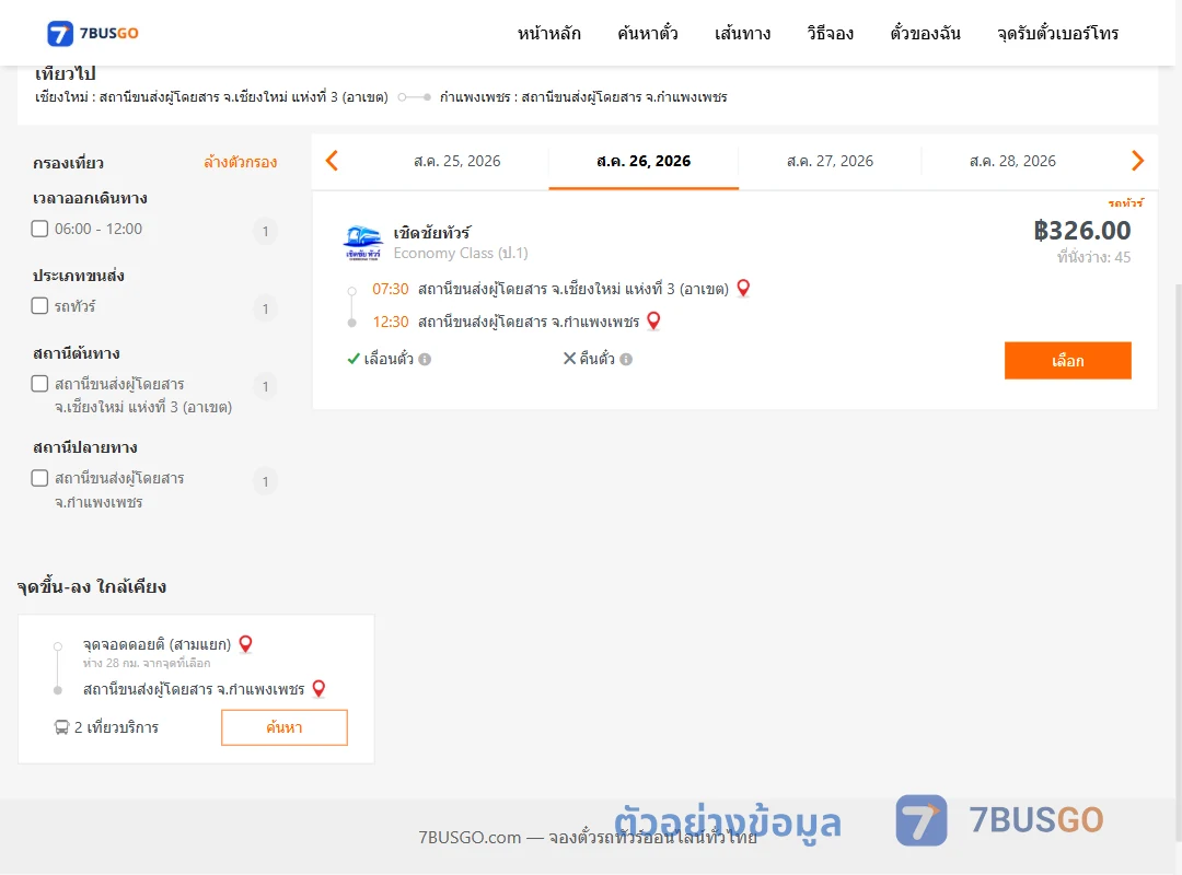 ตัวอย่างผลค้นหา เชียงใหม่-กำแพงเพชร