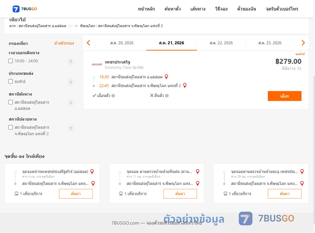 ตัวอย่างผลค้นหา แม่สอด-พิษณุโลก