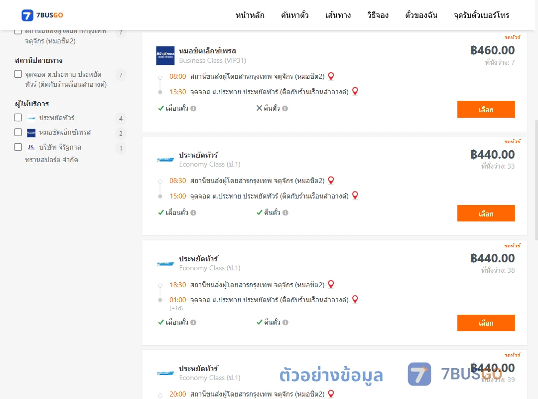 ตัวอย่างผลค้นหา กรุงเทพ-ประทาย