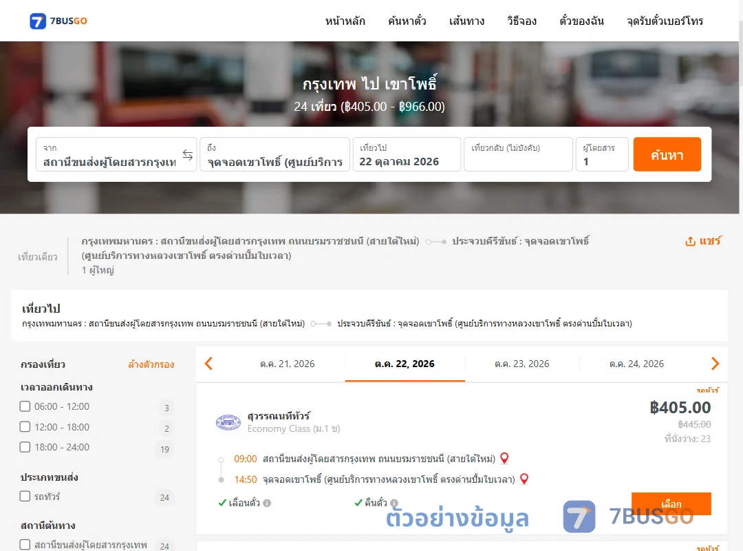 ตัวอย่างผลค้นหา กรุงเทพ-เขาโพธิ์