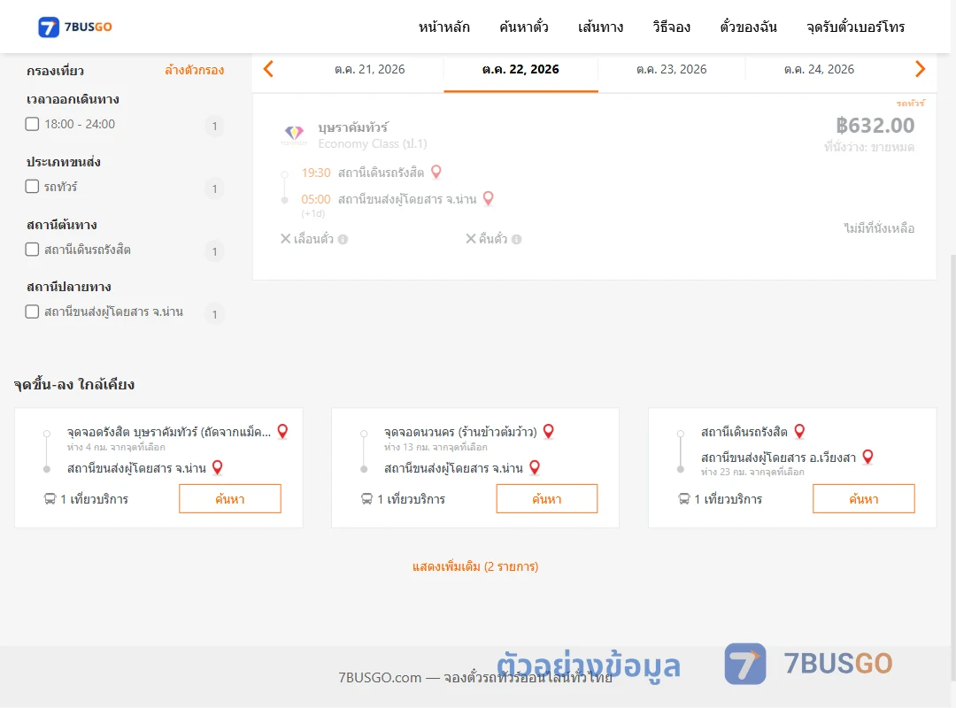 ตัวอย่างผลค้นหา รังสิต-น่าน