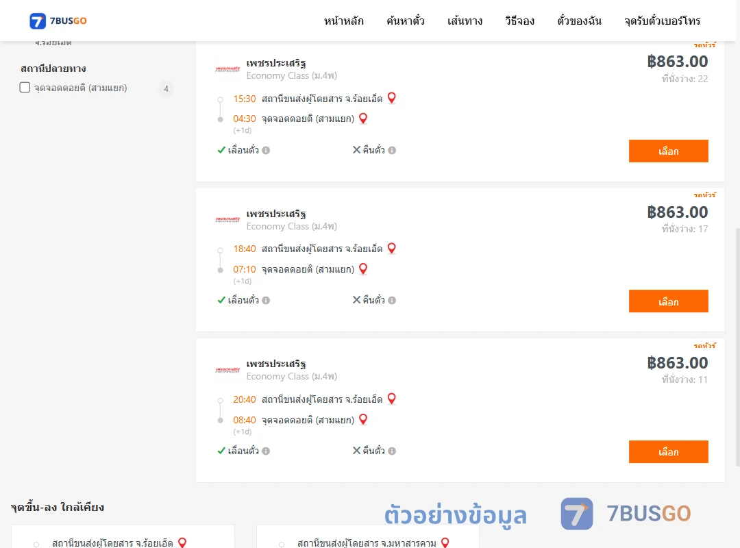 ตัวอย่างผลค้นหา ร้อยเอ็ด-ดอยติสามแยก