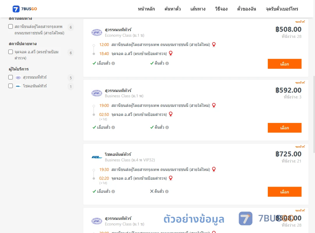 ตัวอย่างผลค้นหา สายใต้ใหม่-สวี