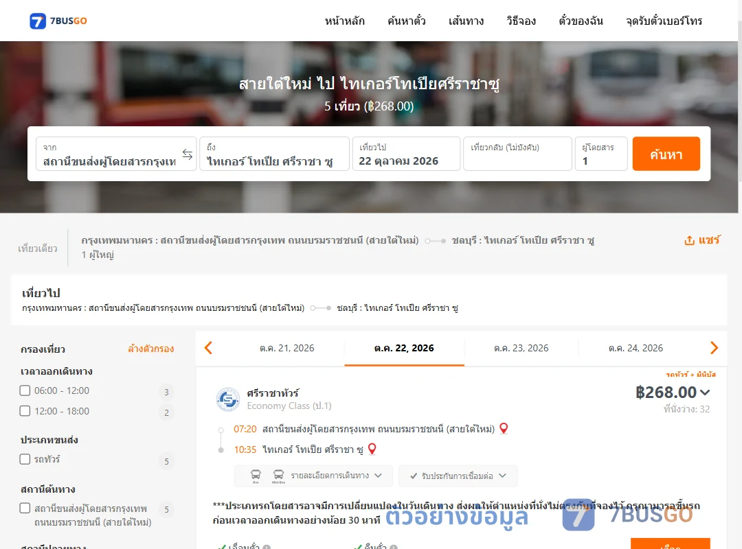ตัวอย่างผลค้นหา สายใต้ใหม่-ไทเกอร์โทเปียศรีราชาซู