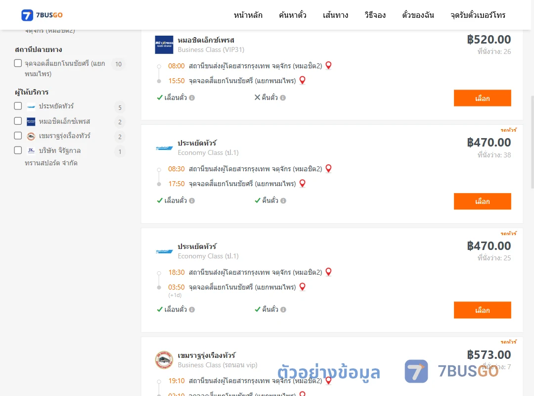 ตัวอย่างผลค้นหา หมอชิต2-สี่แยกโนนชัยศรี