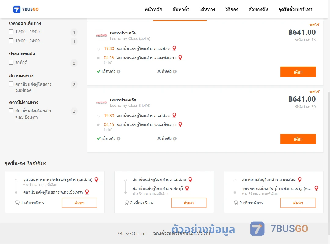 ตัวอย่างผลค้นหา แม่สอด-ฉะเชิงเทรา