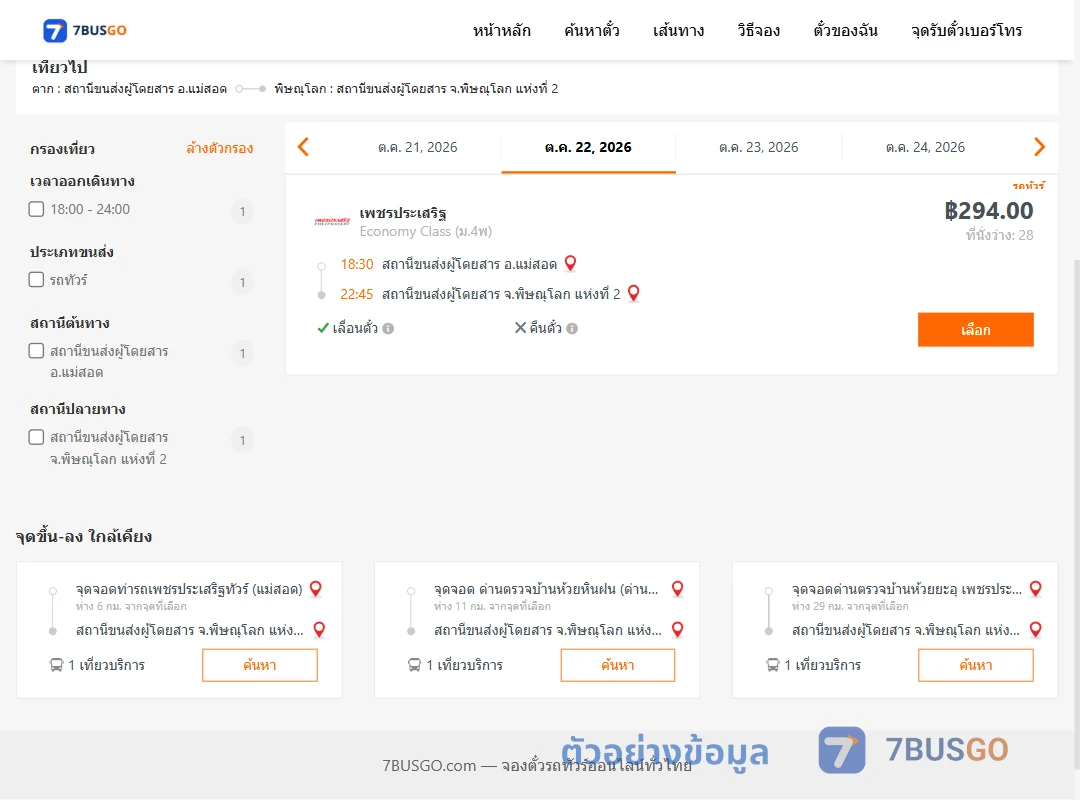 ตัวอย่างผลค้นหา แม่สอด-พิษณุโลก